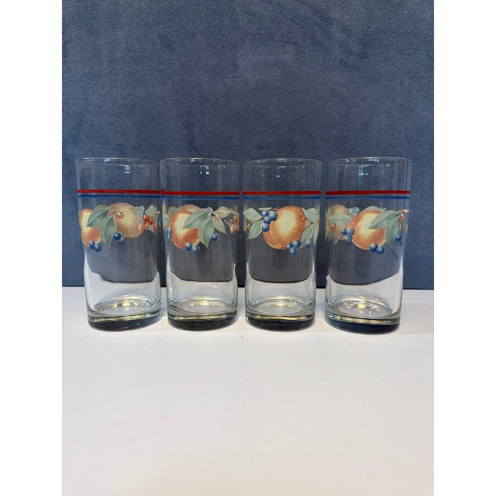 Corelle Abundance Fruit Glasses Set of 4 Vintage 1970s Tumblers Red Blue Band